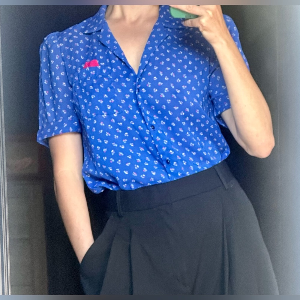 Vintage Office-wear 80ās Eber Etc. Blue Abstract Floral Button Blouse - Picture 3 of 14